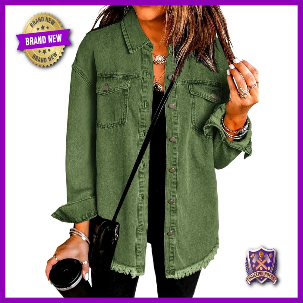 Oversized Denim Shacket Button Up Frayed Hem Long Sleeve Pockets Loose Fit